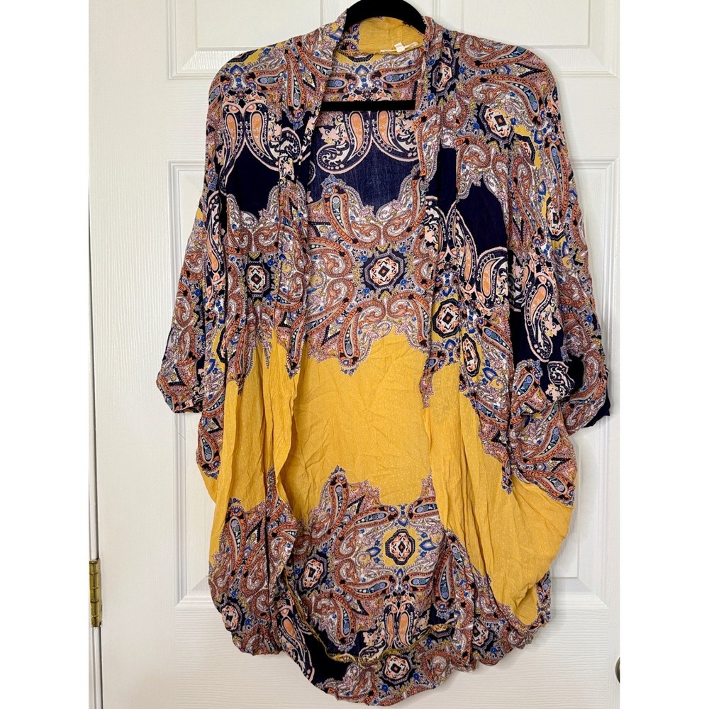 Easel Kimono Cardigan Womens Small Yellow Paisley Boho Lightweight Wrap